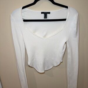 Forever 21 White Long Sleeve V-Neck Top